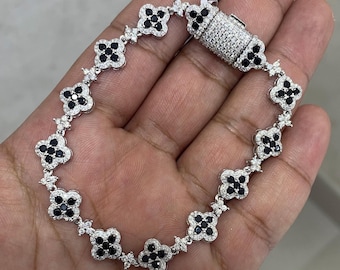 Moissanite Tennis Bracelet: Black Agate Clover, Sterling Silver, Iced Out Silver Bracelet, Diamond Bracelet, Black Clover Stone