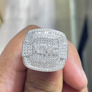 Men&#39;s Iced Out Moissanite Square Statement Pinky Ring Real Solid 925 Sterling Silver, PASSES DIAMOND TESTER 3.62 Carat Moissanite