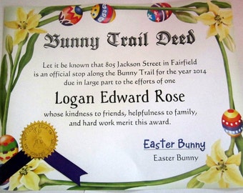 Easter Bunny Trail Deed Personalized Certificate