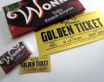 May include: Two golden tickets for Wonka's Chocolate Factory. The tickets are printed with black text on a gold background. The text reads "Wonka Golden Ticket" and includes the date, time, and location of the event. The tickets are surrounded by chocolate bars with the Wonka logo.