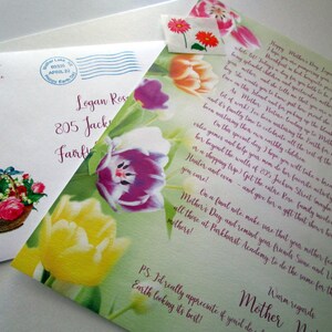 May include: A green card with a floral design featuring yellow, pink, and purple tulips. The card has a handwritten message that reads "Happy Mother's Day Sal! I hope you are enjoying your Mother's Day breakfast but knowing you, it's probably something special and a long list of things to do.  We wish you the best for Mother's Day.  We love you!"