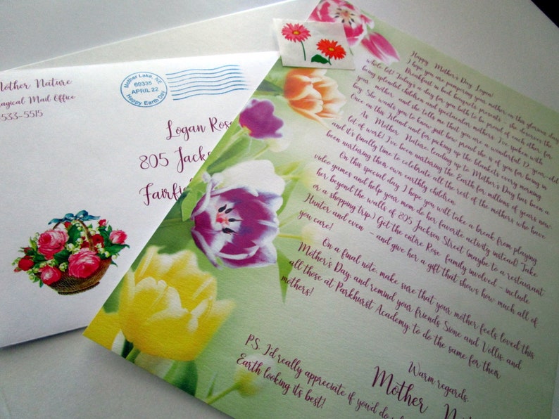May include: A green card with a floral design featuring yellow, pink, and purple tulips. The card has a handwritten message that reads "Happy Mother's Day Sal! I hope you are enjoying your Mother's Day breakfast but knowing you, it's probably something special and a long list of things to do.  We wish you the best for Mother's Day.  We love you!"