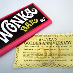 50th Anniversary Chocolate Factory Golden Ticket & Candy Bar Prop Replica Set
