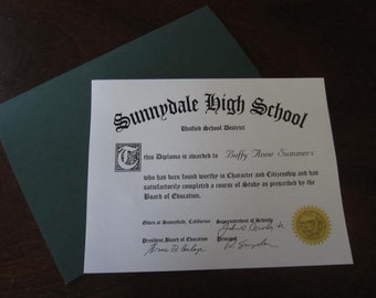 Sunnydale High School Diploma Personalized Prop Replica 8.5" x 11"