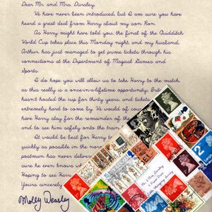 May include: A handwritten letter with purple ink on a cream-colored paper background. The letter is addressed to Mr. and Mrs. Dursley. The letter is about taking Harry to the Quidditch World Cup. The letter is decorated with a collage of colorful stamps.