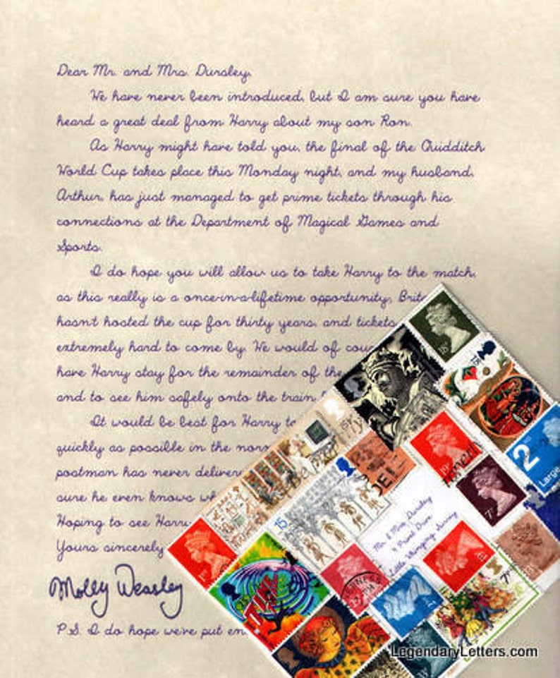 May include: A handwritten letter with purple ink on a cream-colored paper background. The letter is addressed to Mr. and Mrs. Dursley. The letter is about taking Harry to the Quidditch World Cup. The letter is decorated with a collage of colorful stamps.