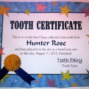 Tooth Fairy Personalized Certificate