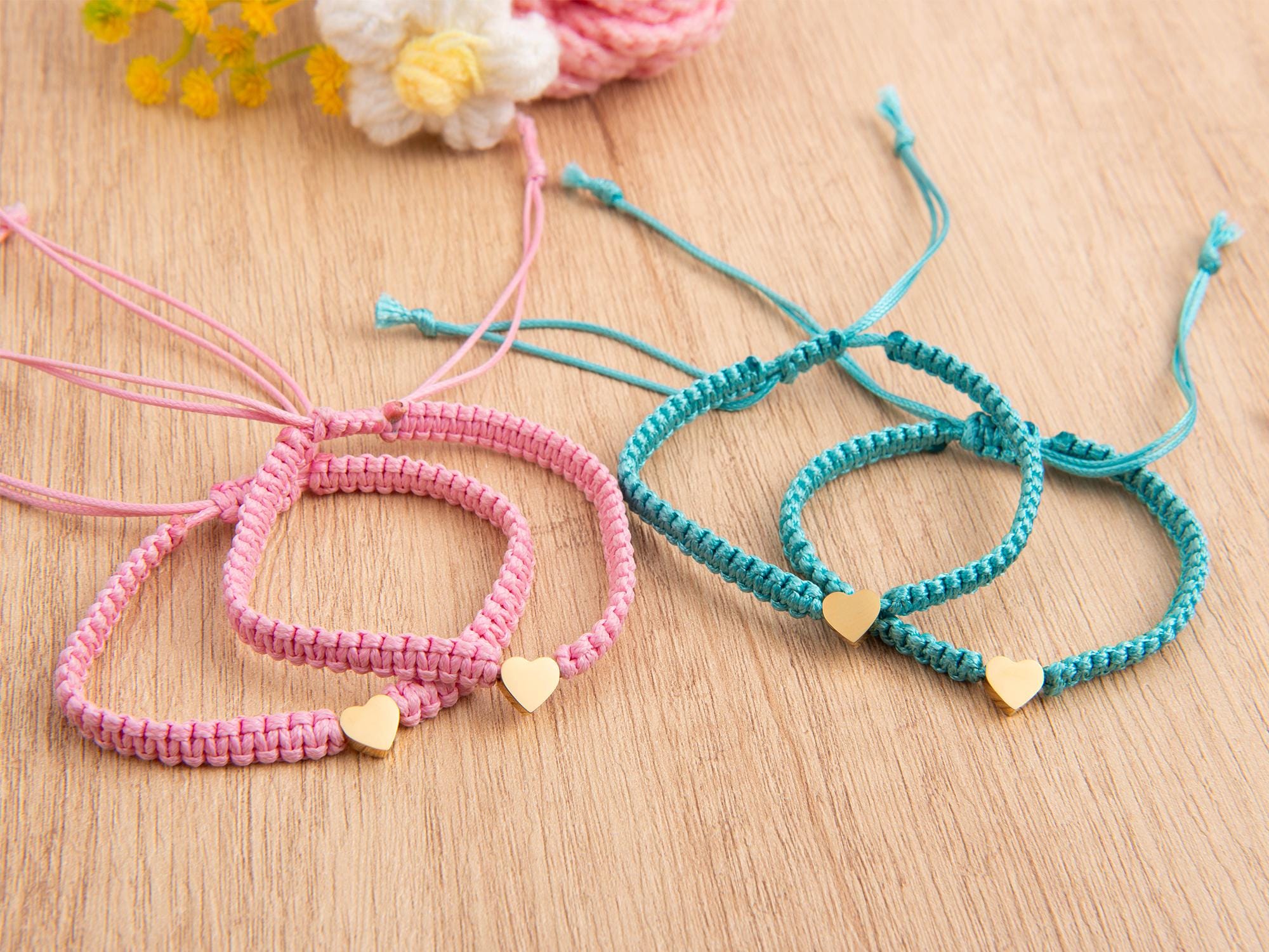 4 Pulseras De Corazón Para Padres E Hijos – Acero Inoxidable Y Cera, Colores Variados (rojo, Rosa, Negro, Azul), Regalo Escolar Y Familiar