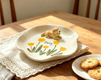 Plato para anillos de cerámica hecho a mano con forma de Labrador Retriever, bandeja para joyas de mascotas con forma de tulipán amarillo, regalos para el Día del Padre