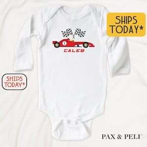Personalized Baby Car Outfit, Red Race Car Onesies® Brand, Custom Name Baby Shirt( V15060 )