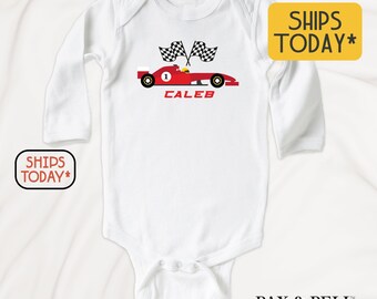 Personalized Race Car Baby Onesie® Brand - Custom Name Outfit ( V15060 )