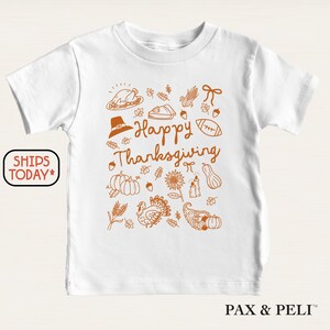 Happy Thanksgiving Coquette Doodles T-Shirt, Fall Holiday Graphic Tee for Kids ( I20870 )