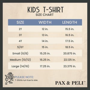 May include: Kids T-Shirt Size Chart with measurements in inches for different sizes, from 2T to Large (14/16). The chart shows the width and length of each size.