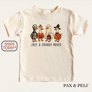 May include: Cream-colored t-shirt featuring a Halloween-themed graphic. The design includes four cartoon geese dressed as a skeleton, a jack-o'-lantern, a ghost, and a witch. The text "JUST A SPOOKY GOOSE" is printed below the geese.
