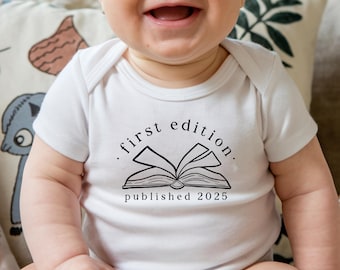 First Edition Published Onesies® Brand, Custom Date Baby Shower Gift, Librarian Themed Pregnancy Reveal ( B27227 )