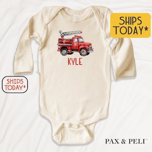 Baby Firetruck Shirt, Personalized Fire Engine Onesies® Brand Outfit, FireFighter Birthday Party Theme ( V15003 )