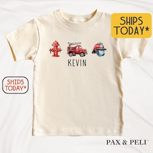 Kids Firefighter T-Shirt, Custom Name With Fire Doodles, Fun Fire Department Gift For Boys( V15000 )