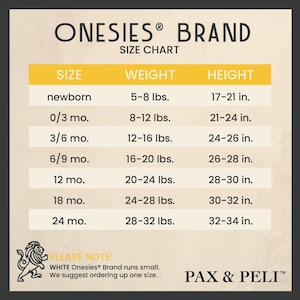 May include: Onesies&reg; Brand size chart for baby onesies. The chart shows the size in months, weight in pounds, and height in inches.  The chart notes that the brand runs small and suggests ordering up one size.