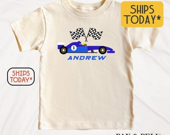 Race Car Shirt For Boys, Custom Name Tee, Blue Car Graphic Toddler T-Shirt ( V14967 )