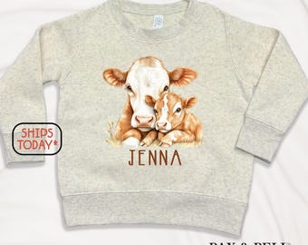 Cute Cowgirl Toddler Sweatshirt, Watercolor Cow Design with Name, Western Baby Girl Outfit ( Y16407 )