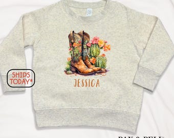 Girls Rodeo Sweatshirt With Name, Cowgirl Boots Graphic Sweater, Custom Birthday Crewneck Pullover ( Y16371 )