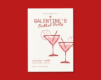 Editable Galentine's Party Invitation Template | Galentine's Day | Girls Night | Galentine's Day Drinks | Cocktails Illustration | Canva