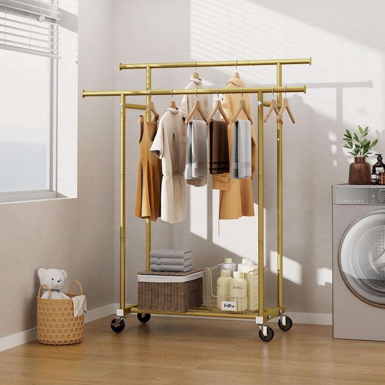 Double Rod Rolling Clothes Rack: Portable Wardrobe With Wheels - Etsy