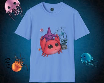 Camiseta de aventura musical en el océano / Cangrejo caprichoso, estrella de mar y criaturas marinas divertidas / Camiseta unisex de estilo suave