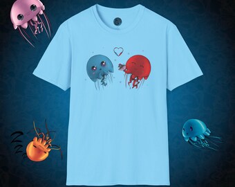Bonita camiseta con historia de amor submarina con temática oceánica / Dibujo animado de medusas caprichoso / Regalo considerado / Camiseta para el día de San Valentín
