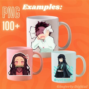 May include: Three white ceramic mugs with colorful anime character designs. The mugs feature characters from the anime series "Demon Slayer". The designs include a pink mug with Nezuko Kamado, a white mug with Tanjiro Kamado, and a white mug with Muichiro Tokito. The text "MUICHIRO" is printed on the bottom of the white mug.
