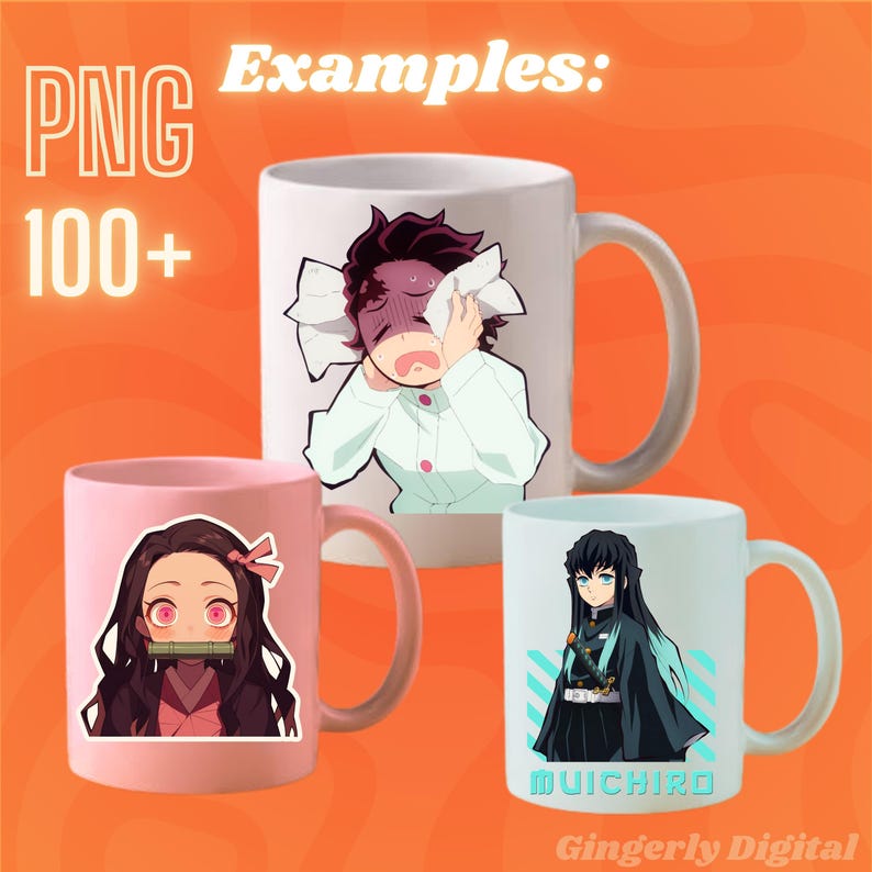 May include: Three white ceramic mugs with colorful anime character designs. The mugs feature characters from the anime series "Demon Slayer". The designs include a pink mug with Nezuko Kamado, a white mug with Tanjiro Kamado, and a white mug with Muichiro Tokito. The text "MUICHIRO" is printed on the bottom of the white mug.
