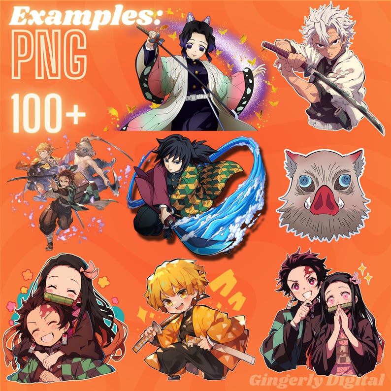 May include: A collection of colorful anime character illustrations featuring characters from the Demon Slayer anime series. The characters are depicted in various poses and expressions, including a young boy with a red and black mask, a girl with long black hair, and a man with a white mask and a sword. The illustrations are set against a bright orange background.