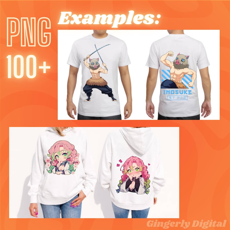 May include: Examples of digital designs for t-shirts and hoodies featuring anime characters. The designs include a character with a boar head, a character with pink hair, and the text "Inosuke".