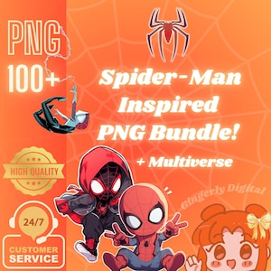Puede incluir: Gráfico naranja que promociona un paquete PNG inspirado en Spider-Man. La imagen incluye el texto "Spider-Man Inspired PNG Bundle! + Multiverse" y "PNG 100+". También presenta "Alta Calidad" y "Servicio al Cliente 24/7".