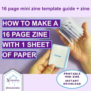 Guía para Mini zine de 16 páginas + zine, plantilla de 1 hoja, Imprimible JPG, tamaño Carta US, en Inglés