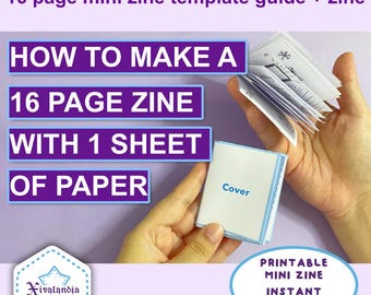 16 page mini zine template guide + zine, 1 sheet of paper, Printable JPG, US Letter size