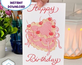 Printable Pink Vintage Cake Greeting Card, Happy Birthday PDF, 10x15cm /4x6 in, HBD illustration