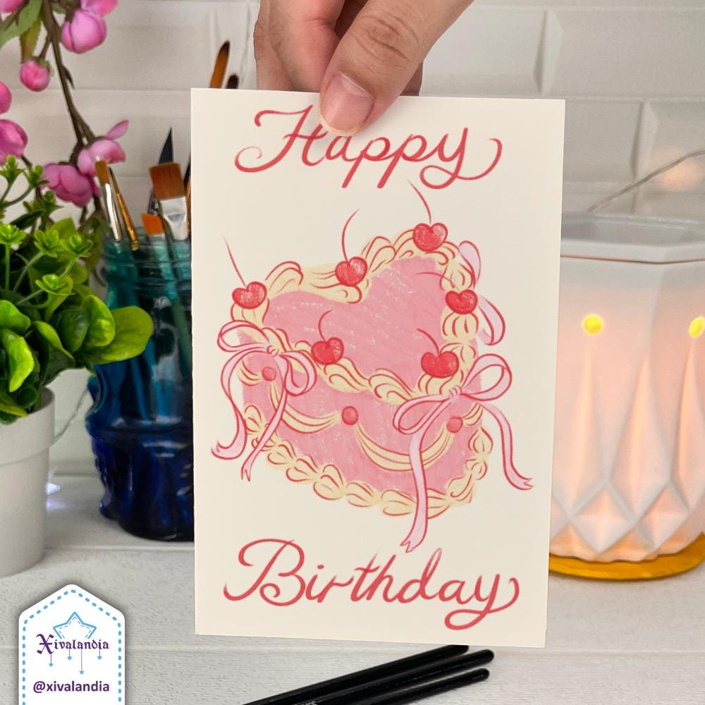 Pink Vintage Cake, Happy Birthday, Greeting Card - 10x15cm /4x6 in - illustration