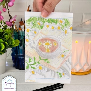 Du café, un bon livre et des marguerites, impression d'art, carte postale A6/10 x 15 cm/4 x 6 pouces - illustration de décoration murale
