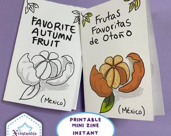 Favorite Autumn Fruits, Printable Mini Zine PDF, US Letter size, English and Spanish
