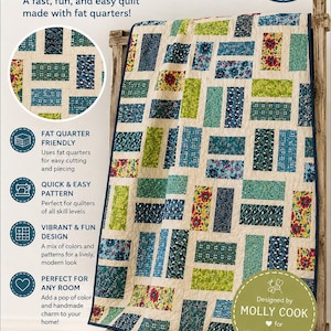 May include: A colorful quilt with a patchwork design, featuring rectangular blocks in shades of blue, green, and floral patterns. The quilt measures 60 inches by 72 inches. The text on the image says "Lickety Split" and "Quilt Pattern".