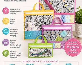 May include: Project Bags 2.0 in four sizes, with clear vinyl windows and quilted bases. The bags come in small (6.5" H x 10.5" W), medium (10.5" H x 12.5" W), large (13.5" H x 13.5" W), and jumbo (16.5" H x 16.5" W). They are designed for sewing supplies and other projects.