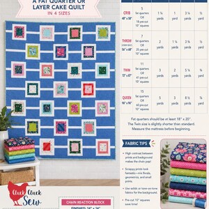 May include: A blue and white quilt pattern with a grid design, featuring colorful square blocks. The image includes fabric requirements for different quilt sizes, and the text "Chain Reaction" by Sherri Noel.
