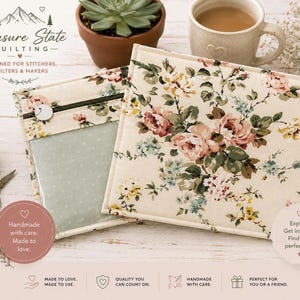 May include: Two floral print quilted bags with a zipper and clear pocket are displayed on a white wooden surface. The bags feature a cream background with pink, yellow, and green roses. The image includes text that reads "Treasure State Quilting" and "Handmade with care. Made to love."