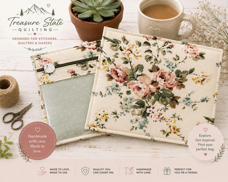 May include: Two floral print quilted bags with a zipper and clear pocket are displayed on a white wooden surface. The bags feature a cream background with pink, yellow, and green roses. The image includes text that reads "Treasure State Quilting" and "Handmade with care. Made to love."