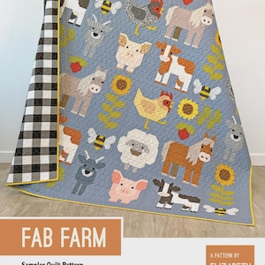 May include: A light blue quilt featuring patchwork farm animals, including horses, cows, pigs, and chickens. The quilt has a black and white checkered border and the text "FAB FARM" is visible. The quilt is a sampler pattern.