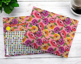 Cross Stitch Project Bag with Vinyl Window – WIP Organizer, Embroidery Storage, Knitting & Sewing Project Bag, zinnia summer flowers floral