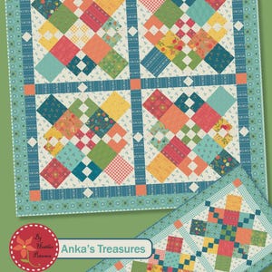 May include: A colorful quilt pattern titled "Chain Letter" with a multi-size design, 10-inch square friendly. The quilt features a patchwork design with squares in various colors like teal, orange, yellow, and red. The pattern is by Anka's Treasures.
