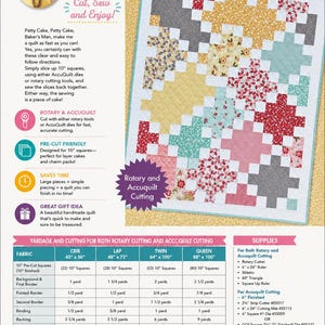 May include: A colorful quilt pattern guide titled "Patty Cake Quilt" by Eleanor Burns. The design features a patchwork of squares in red, yellow, gray, and teal. Includes yardage and cutting instructions for various quilt sizes.