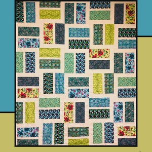 May include: A colorful quilt with a patchwork design. The quilt features rectangular blocks in various patterns and colors, including floral, geometric, and solid teal, green, and blue. The text "Lickety Split" is at the top.